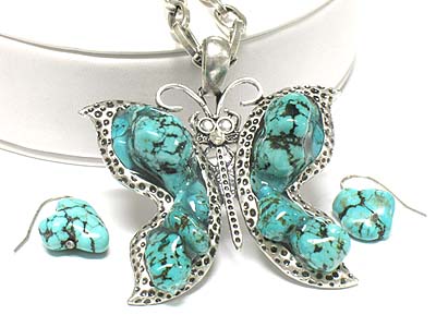 Turquoise stone stud butterfly pendant long chain necklace and earring set