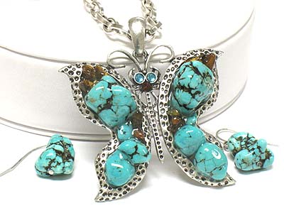 Turquoise stone stud butterfly pendant long chain necklace and earring set