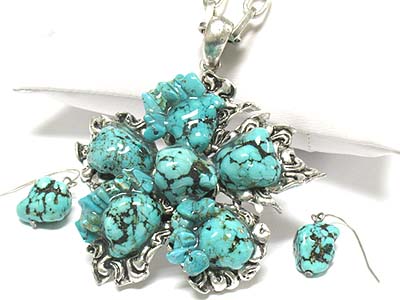 Turquoise stone deco casting metal flower shape pendant long chain necklace and earring set 