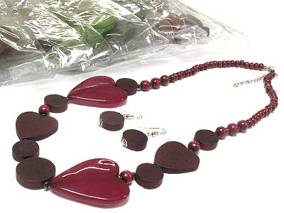 Dozen color assorted multi shape wood beads necklace and earring set - heart mens jewelry