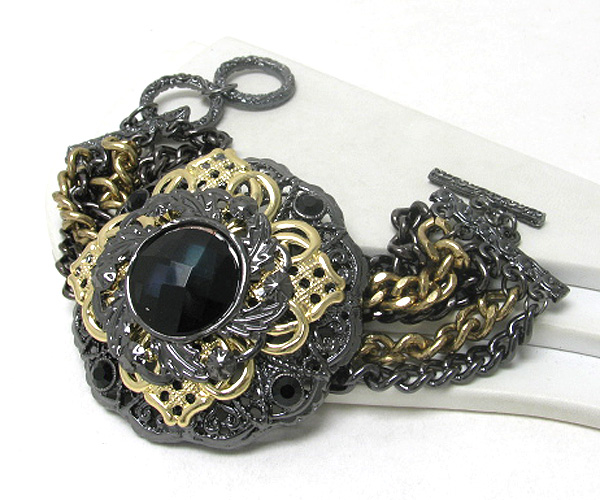 Facet glass and crystal deco on metal filigree and multi chain toggle bracelet