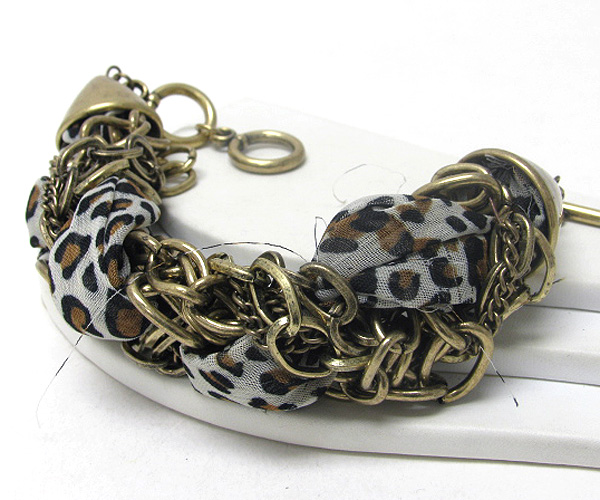 Animal print fabric and metal chain twist bracelet