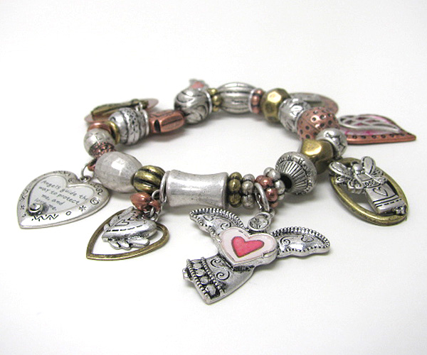 Multi tone heart and angel theme charm stretch bracelet