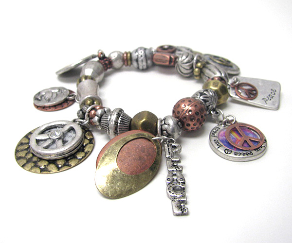 Multi tone peace charm stretch bracelet