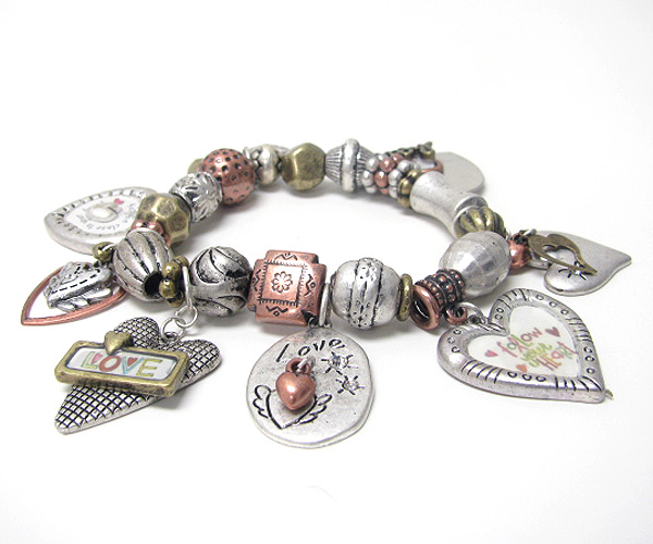 Multi tone heart and love theme charm stretch bracelet