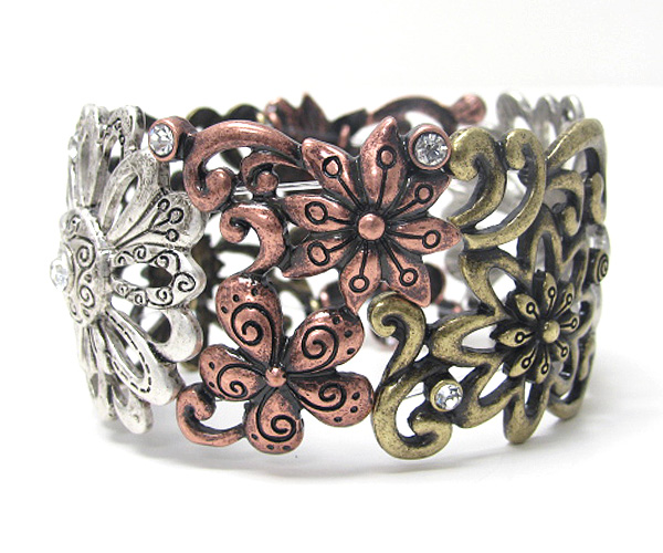 Crystal deco and metal filigree flower link stretch bracelet