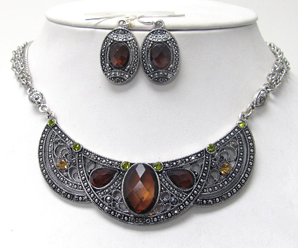 Crystal deco and metal filigree halg chocker necklace earring set