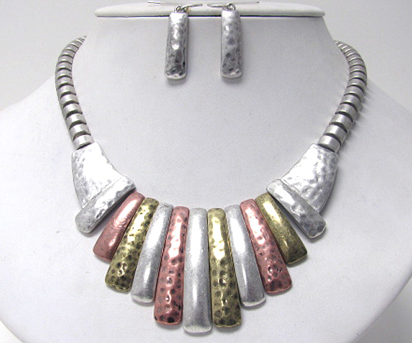 Multi tone hammered metal bar tribal style necklace earring set