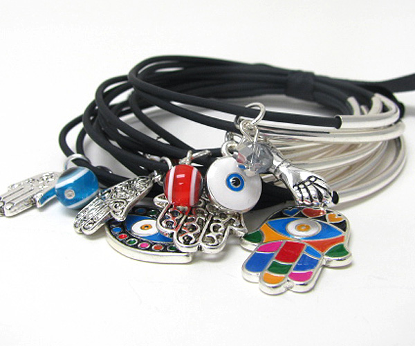 Multi paint hamsa and evil eye charm and cord bracelet set