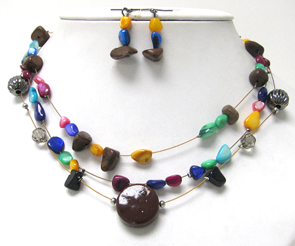 Multi colored natural stone and figurine triple wired illution necklace earring set