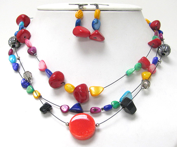 Multi colored natural stone and figurine triple wired illution necklace earring set