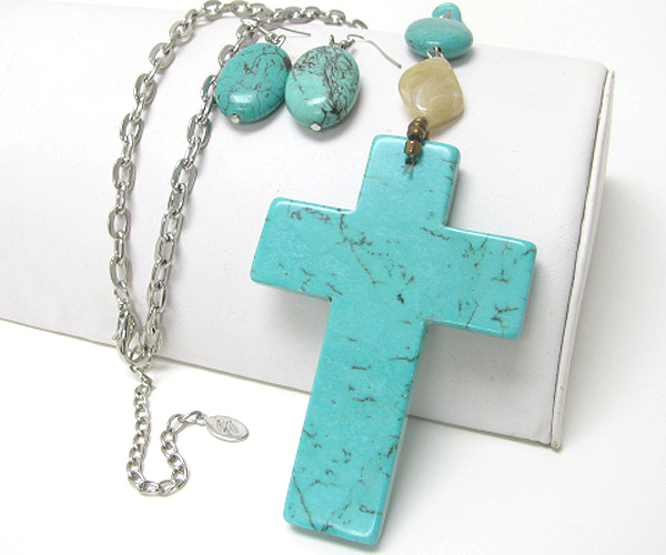 Large turquoise cross pendant necklace earring set