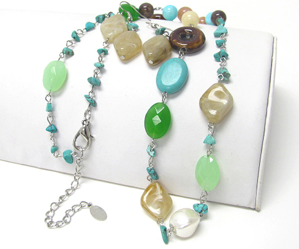 Multi colored stone mix long necklace earring set