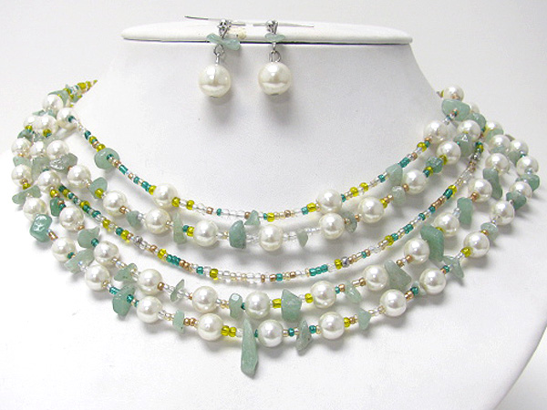 Pearl and seed beads link multu chain necklace earring set