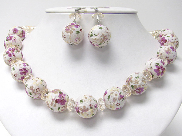 Multi ball fabric skin and glass bead chain necklace earring set