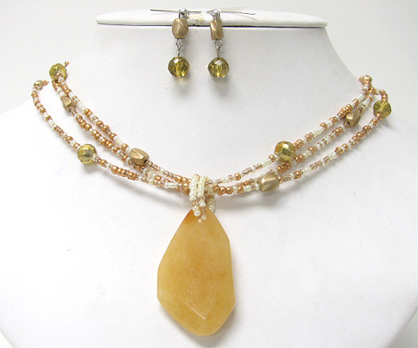 Natural stone pendant and chip stone multi chain necklace earring set