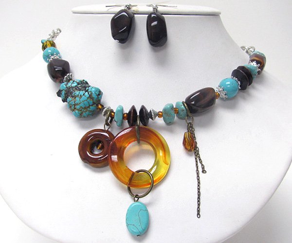 Natural stone and acrylic donut necklace earring set