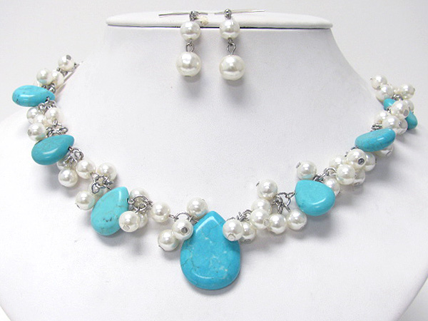 Turquoise and multi pearl deco necklace earring set