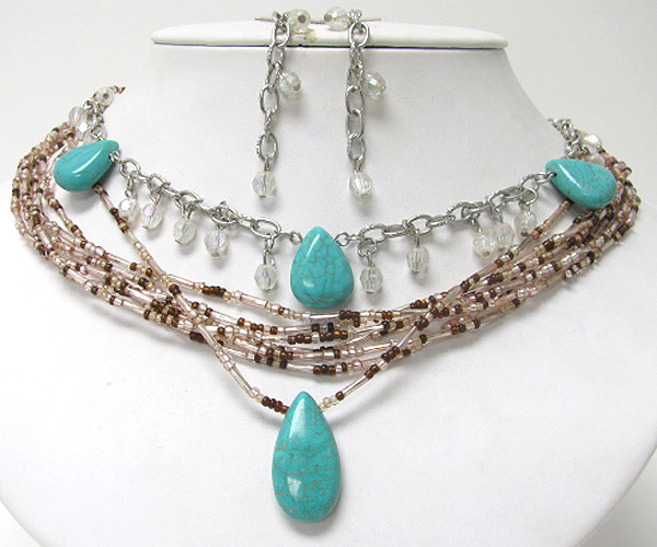 Turquoise tear drop and chip stone multi chain necklace earring set