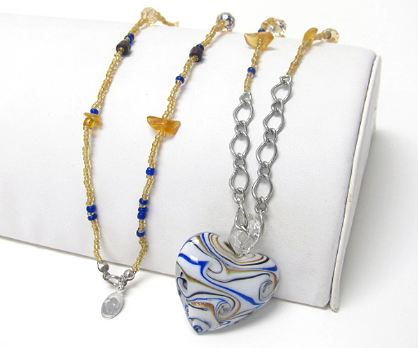 Murano glass puff heart long necklace