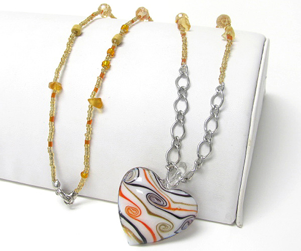 Murano glass puff heart long necklace