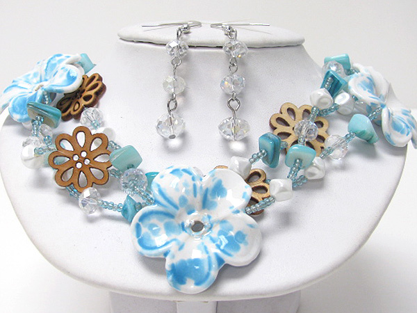 Figurine and wooden flower deco multi chain necklace earring set