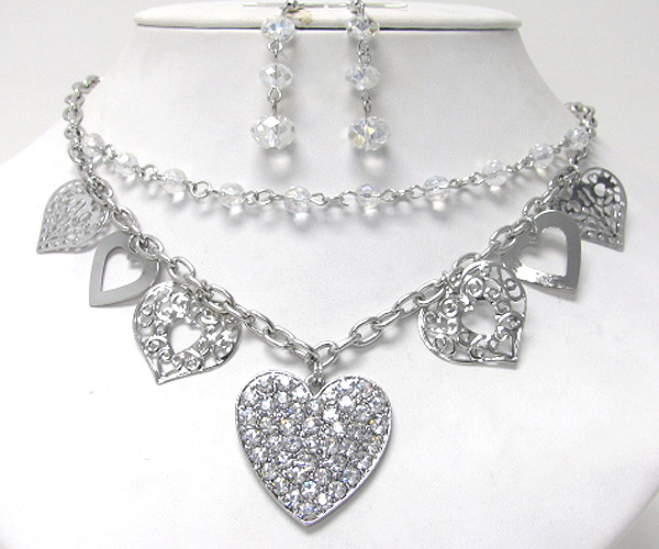 Crystal stud heart and glass bead chain necklace earring set