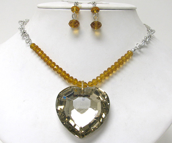 Large facet heart glass pendant necklace earring set