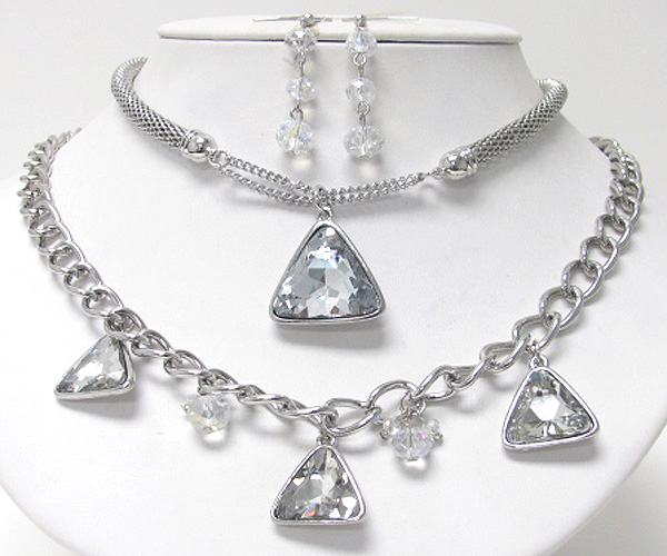 Facet glass triangle pendant double chain necklace earring set