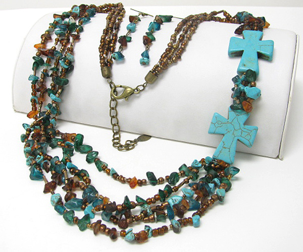 Turquoise cross and chip stone multi chain long necklace earring set