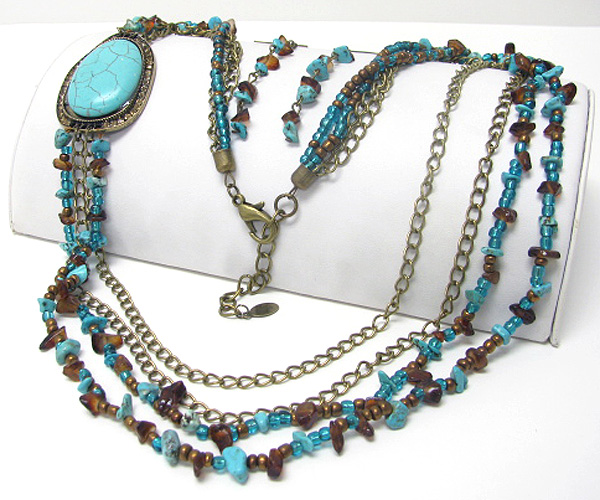 Turquoise and crystal deco accent side pendant and chip stone multi chain necklace earring set