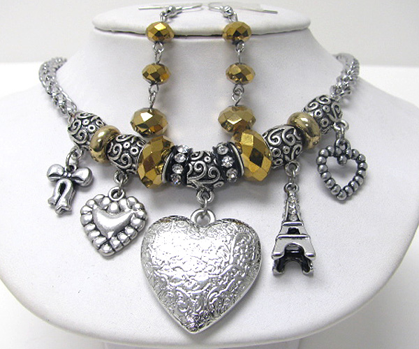 Multi heart charm drop and crystal deco metal filigree chain necklace earring set