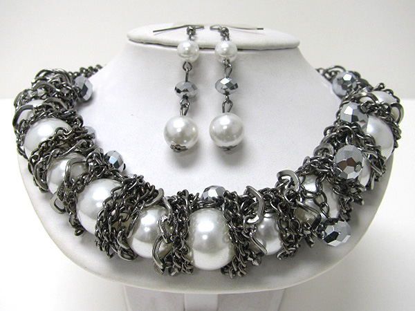 Large pearl and metal chain wrap necklace earring set