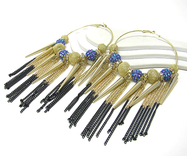 3 inch hoop fireball and metal mesh ball and tassel drop mix basketball wives earring - hoops