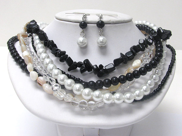 Multi row pearl and multi bead necklace earring set