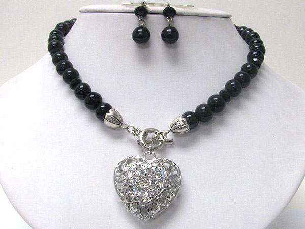 Crystal puff heart and pearl chain toggle necklace earring set