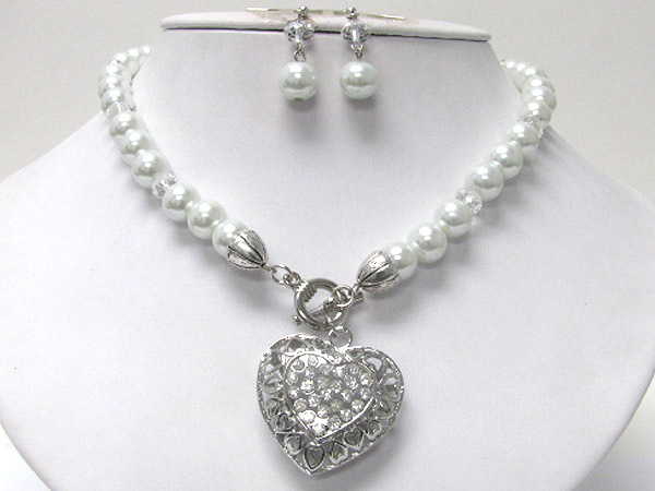 Crystal puff heart and pearl chain toggle necklace earring set