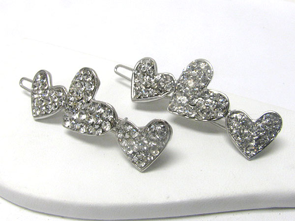 Crystal deco three heart hair pin - 2 pc set