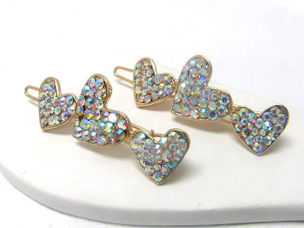 Crystal deco three heart hair pin - 2 pc set