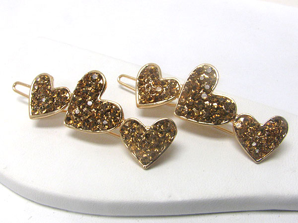 Crystal deco three heart hair pin - 2 pc set