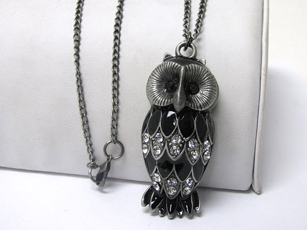 Crystal stud burnish metal owl pendant long chain necklace 