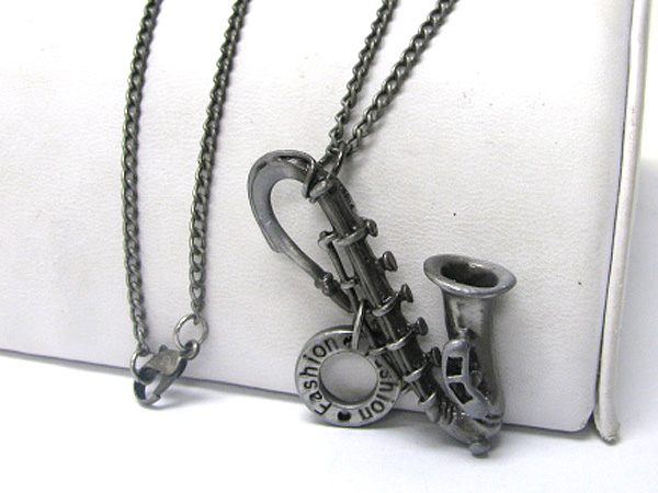 Burnish metal music theme saxphone pendant long chain necklace