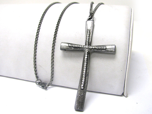 Crystal line burnish metal cross pendant long chain necklace