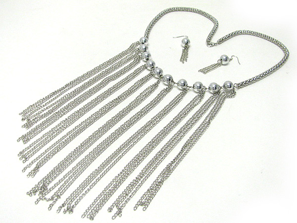 Multi long tassel drop metal ball link necklace earring set