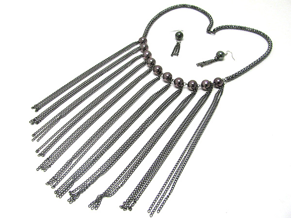 Multi long tassel drop metal ball link necklace earring set