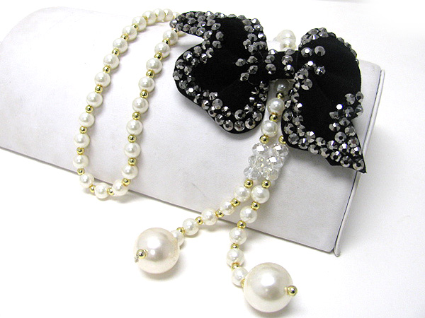 Metallic beads stud ribbon slide mixed pearl long chain neckalce