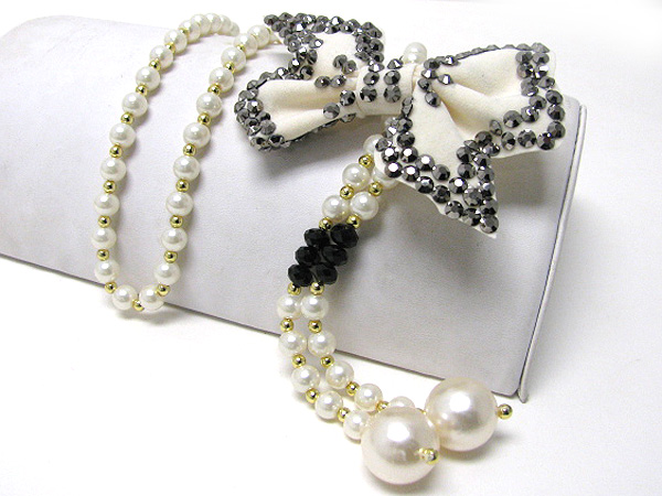 Metallic beads stud ribbon slide mixed pearl long chain neckalce