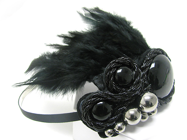 Glass stone metall ball and feather deco headband