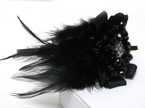 Glass stone metall ball and feather deco headband