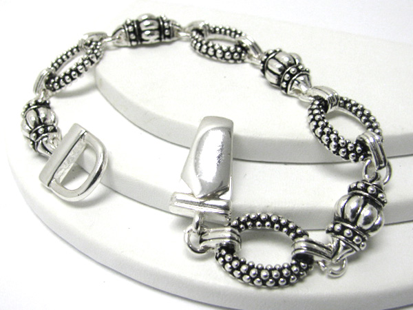 Designer inspired textured metal disk link magnetic clasp bracelet